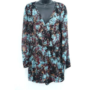 BCBGeneration Romper Women Multi-color Medium M Low V-Neckline Button Cuff Sheer